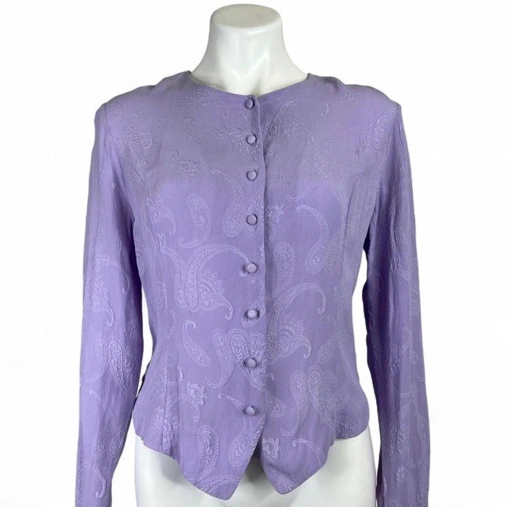Vintage Christie & Jill Purple Silk Paisley Button Up Blouse Western Boho Size 6