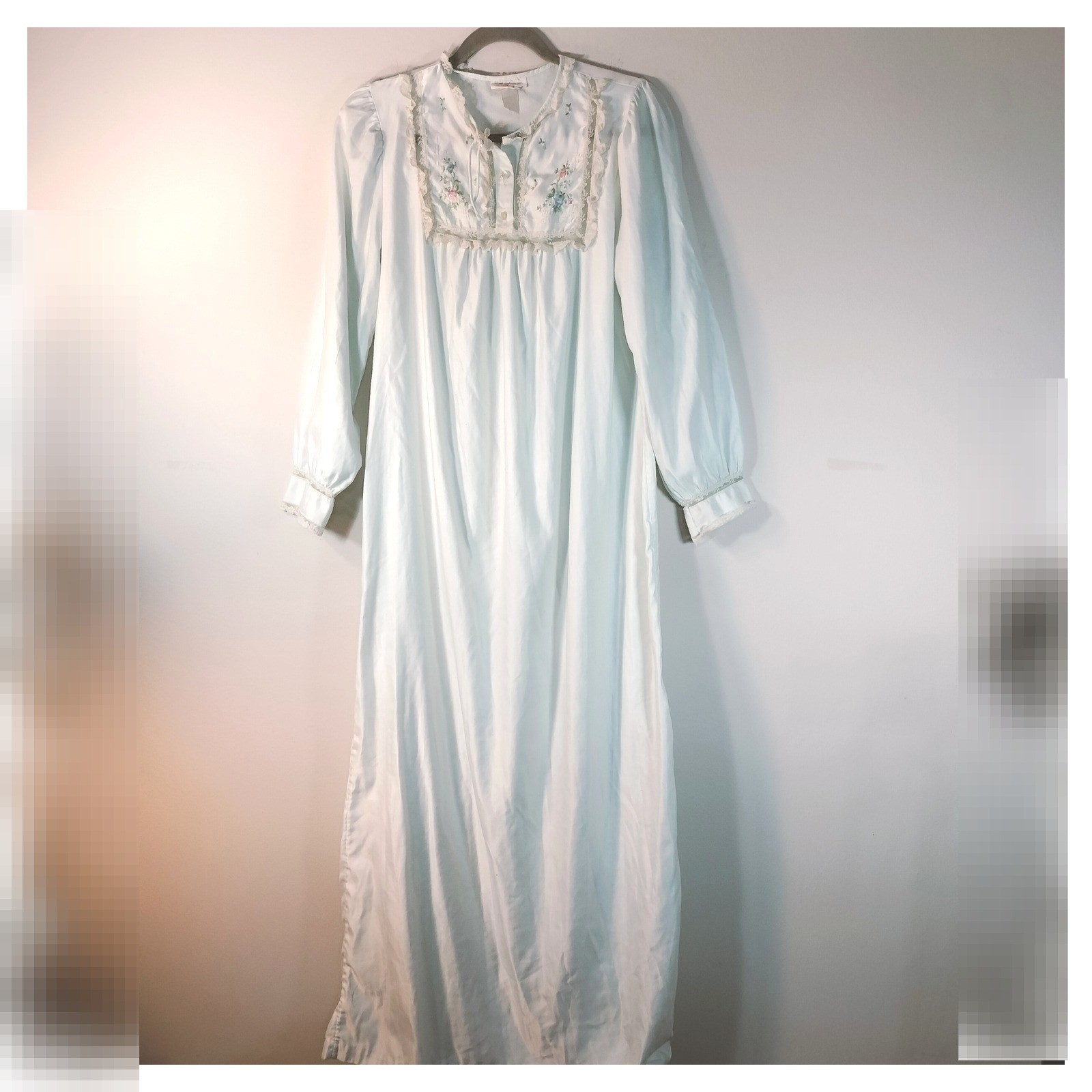 Vintage Barbizon Nightgown Light Blue Floral Embroidered Lace Trim Long Sleeve
