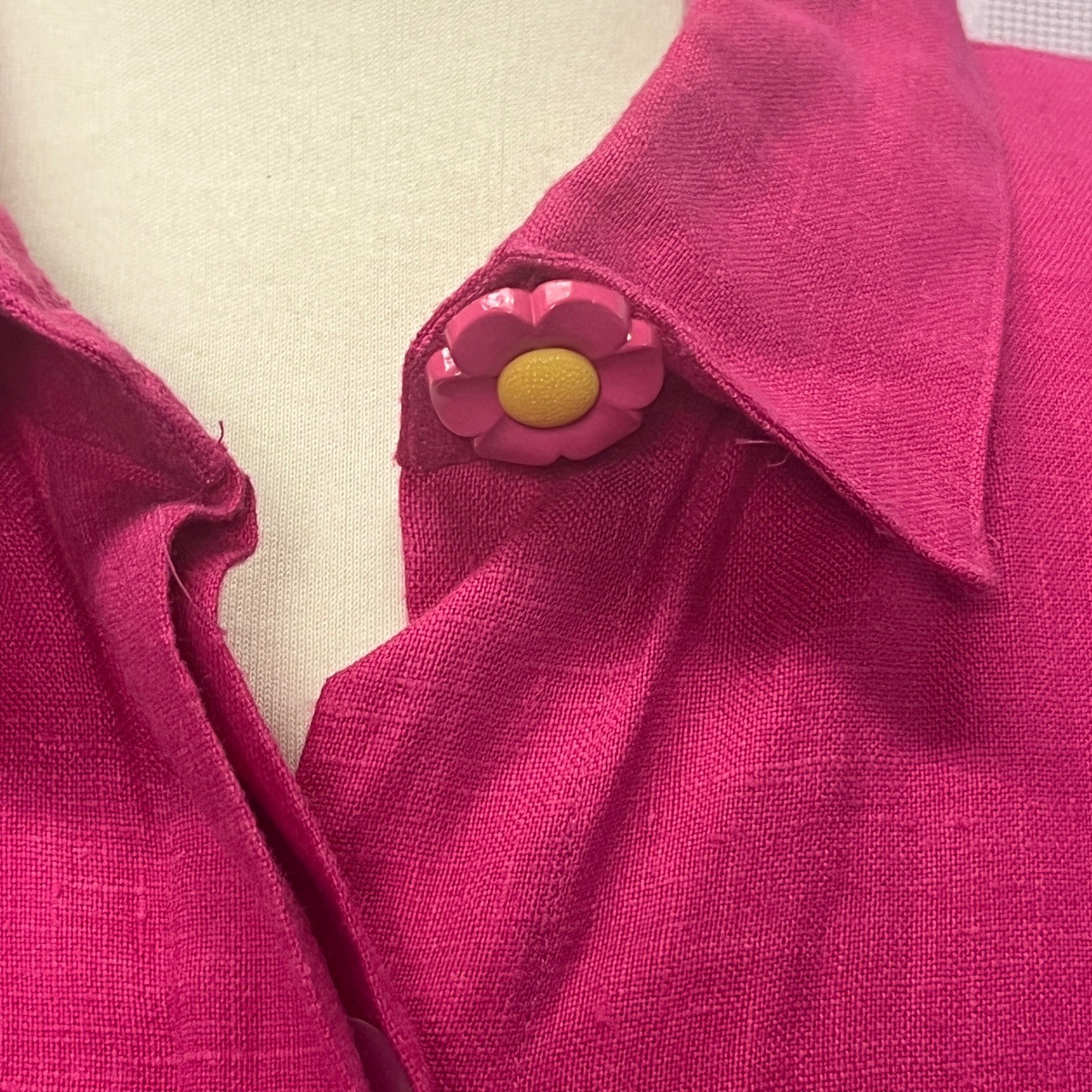 Carole Little Vintage Fuchsia Pink 100% Linen Belt Midi Shirt Dress 8 Circle 90s
