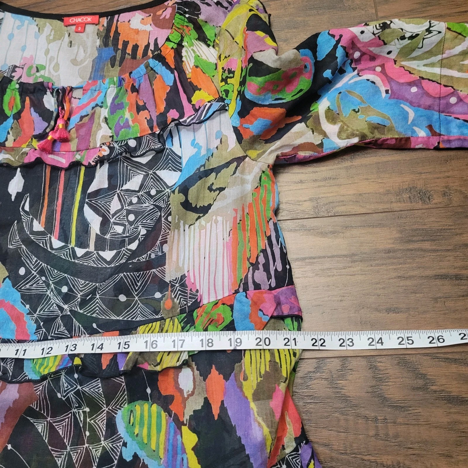 EUC Chacock Mixed Prints Ruffled Blouse Cotton S/M Tassles Tie Neck Abstract