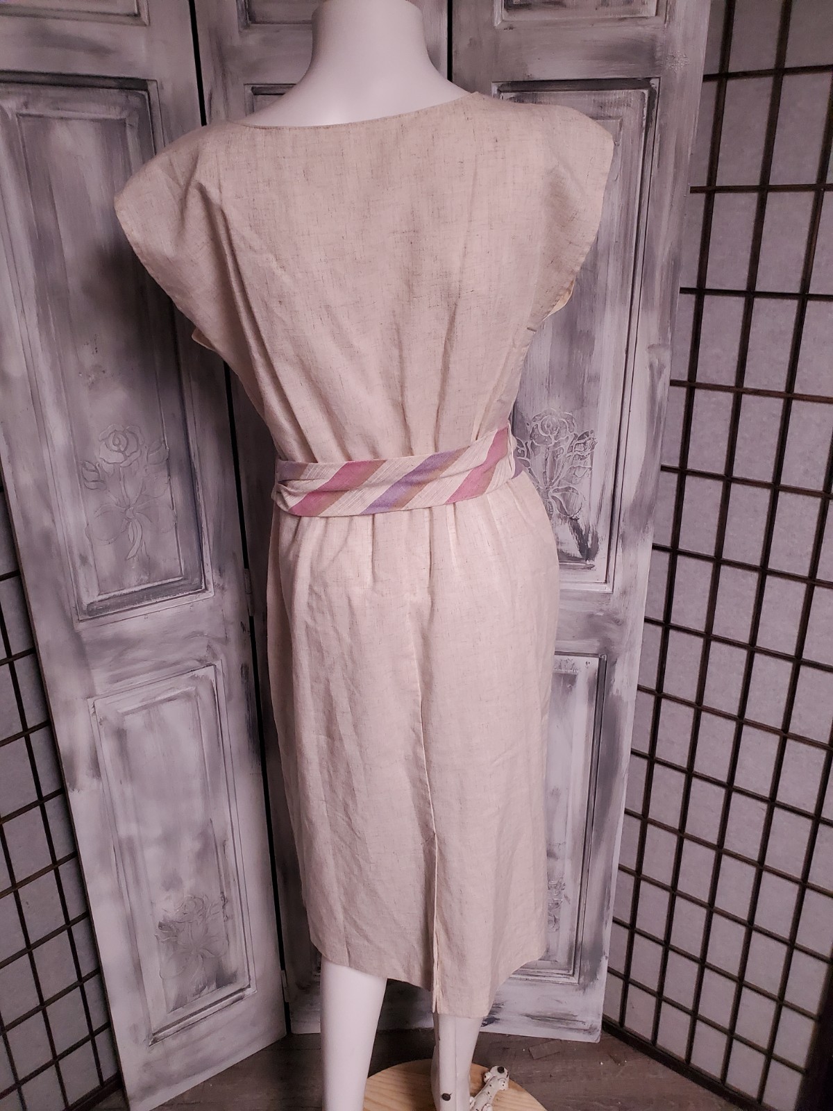 M VTG 80s Cream W/Belt Midi Sun Dress Linen OR Blend Sundress Elastic Waist