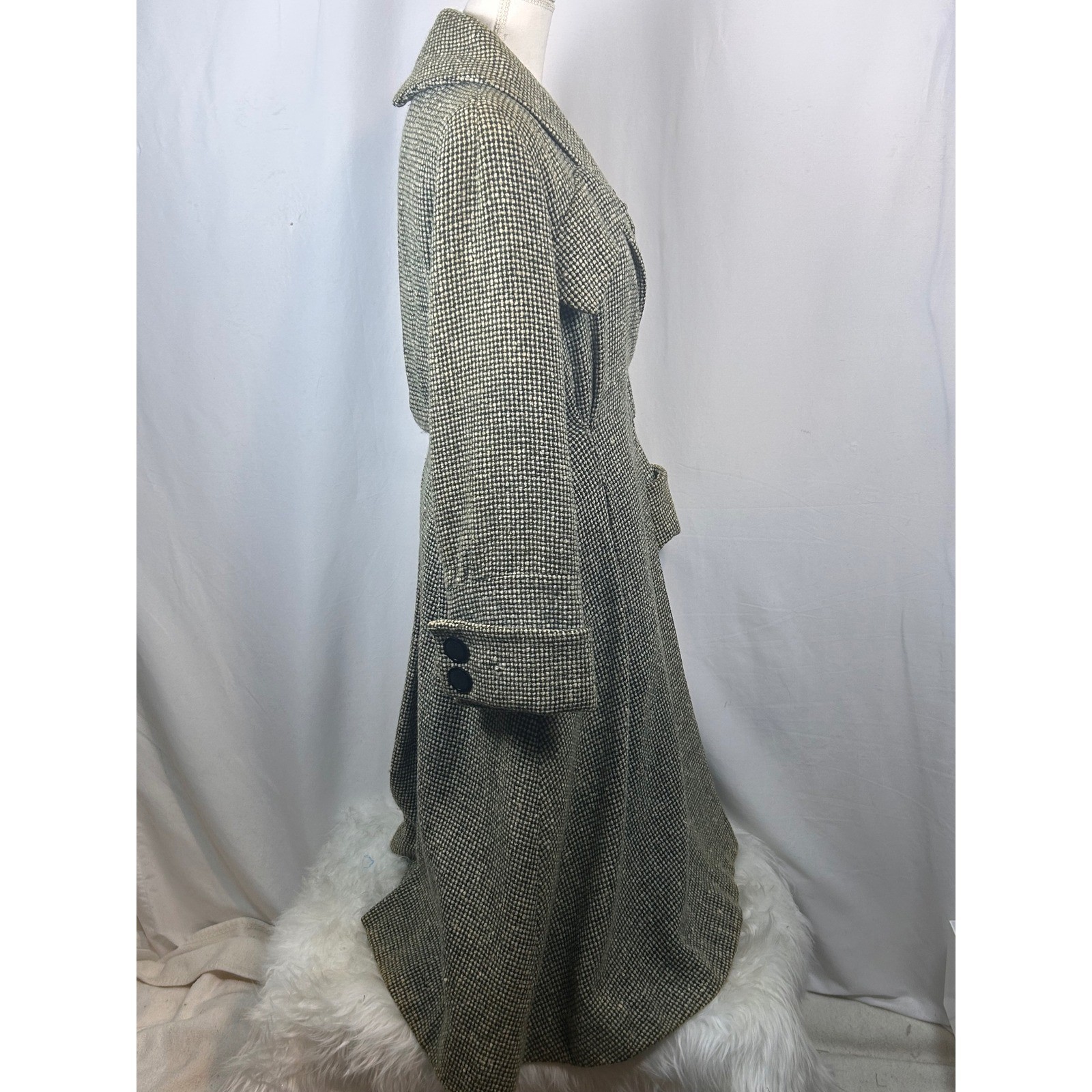 Vintage Great Britain Black White Tweed Wool Maxi Coat Long Trench Jacket Womens
