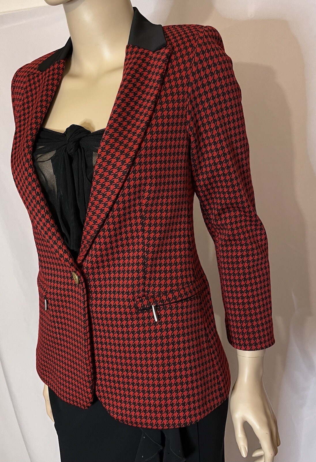 Vintage 80s Miss Miss Red Black Houndstooth Blazer Single Breasted EU 44