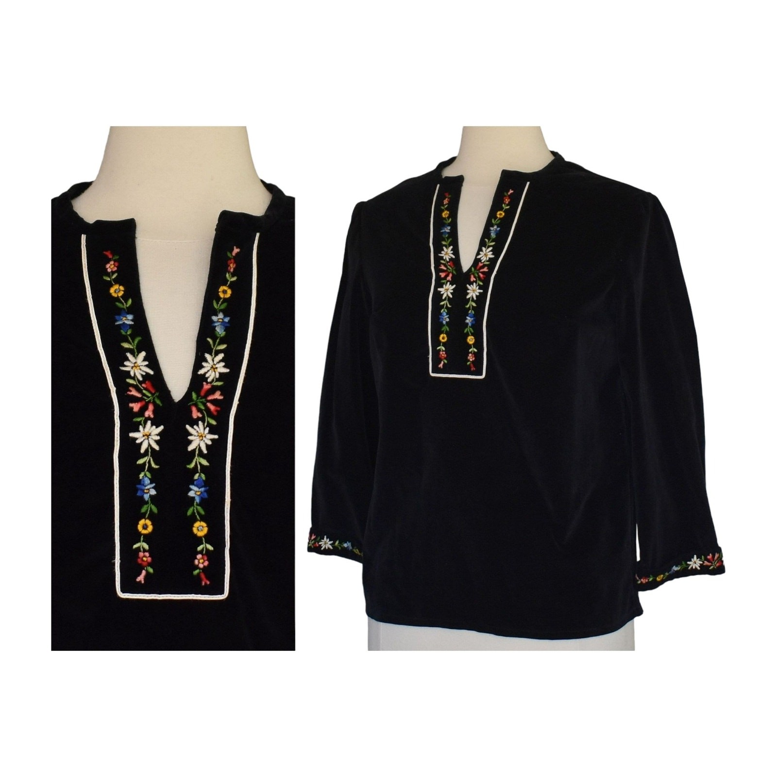 Vintage 70s Embroidered Black Velvet Blouse, Floral Embroidery, Boho, Size Small