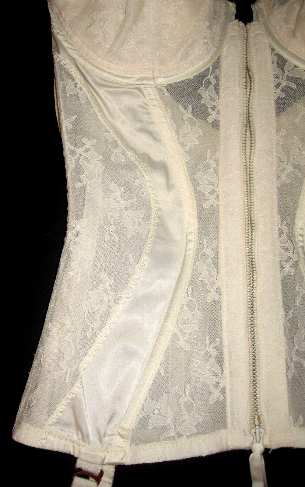 VtG 60s FORMFIT Pinup Corset White Sheer Lace Satin Full-Zip Girdle Garters 36C