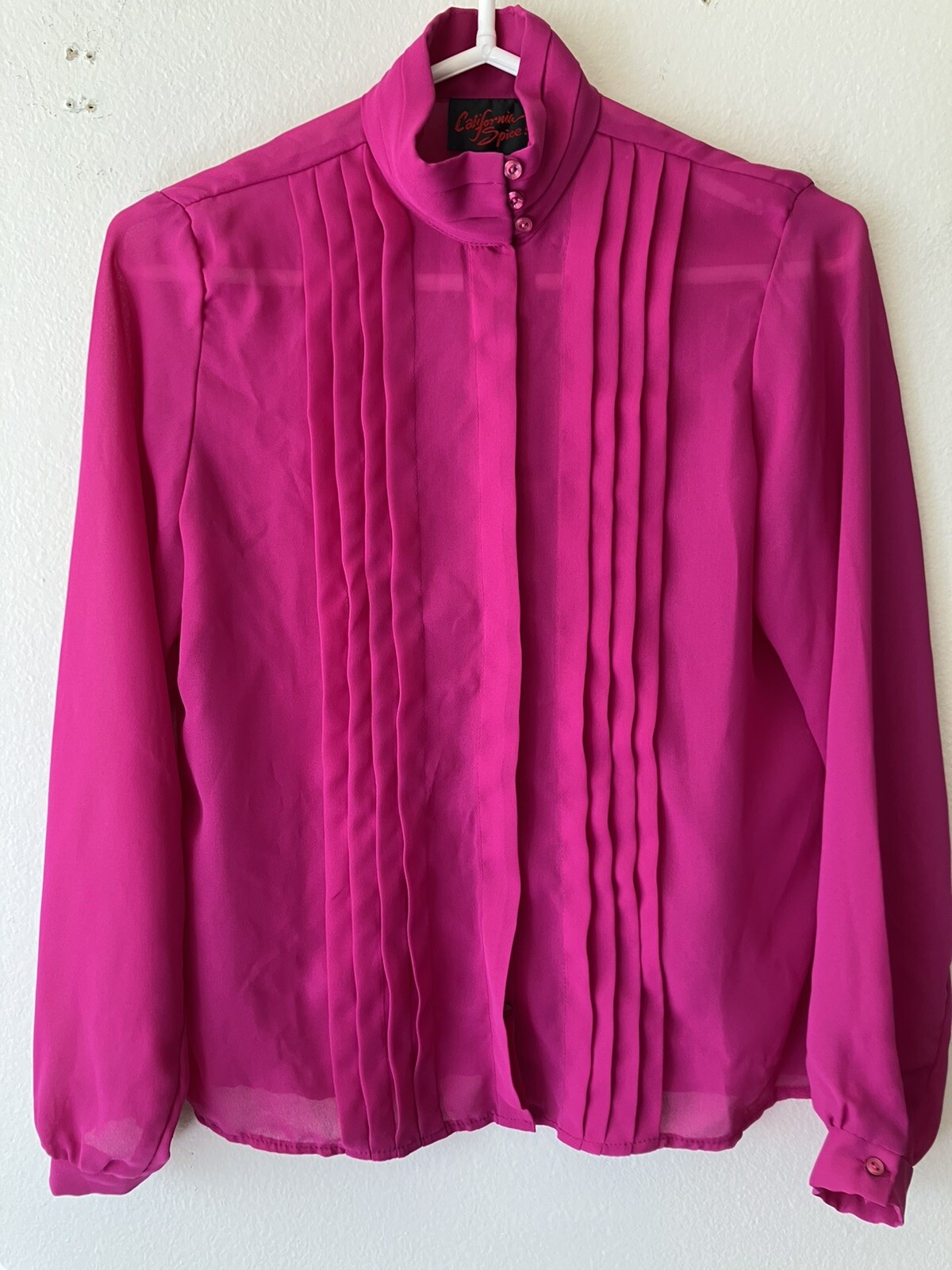 Vintage ’80s California Spice Fuchsia Pink High Neck Secretary Blouse Pleats M