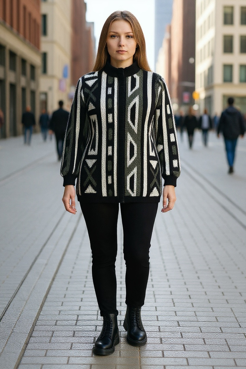 Learsi Vintage Geometric Knit Sweater Coatigan Women Large Black White 80s Retro