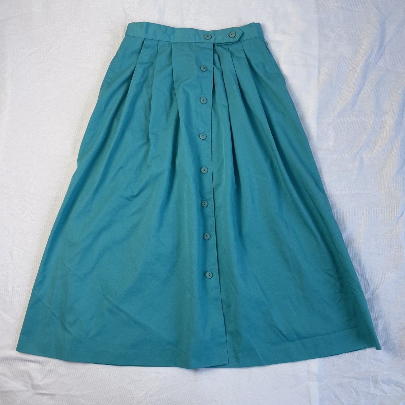 Vintage 80s XS Teal Button Front Midi Skirt High Rise A-Line Turquoise Preppy