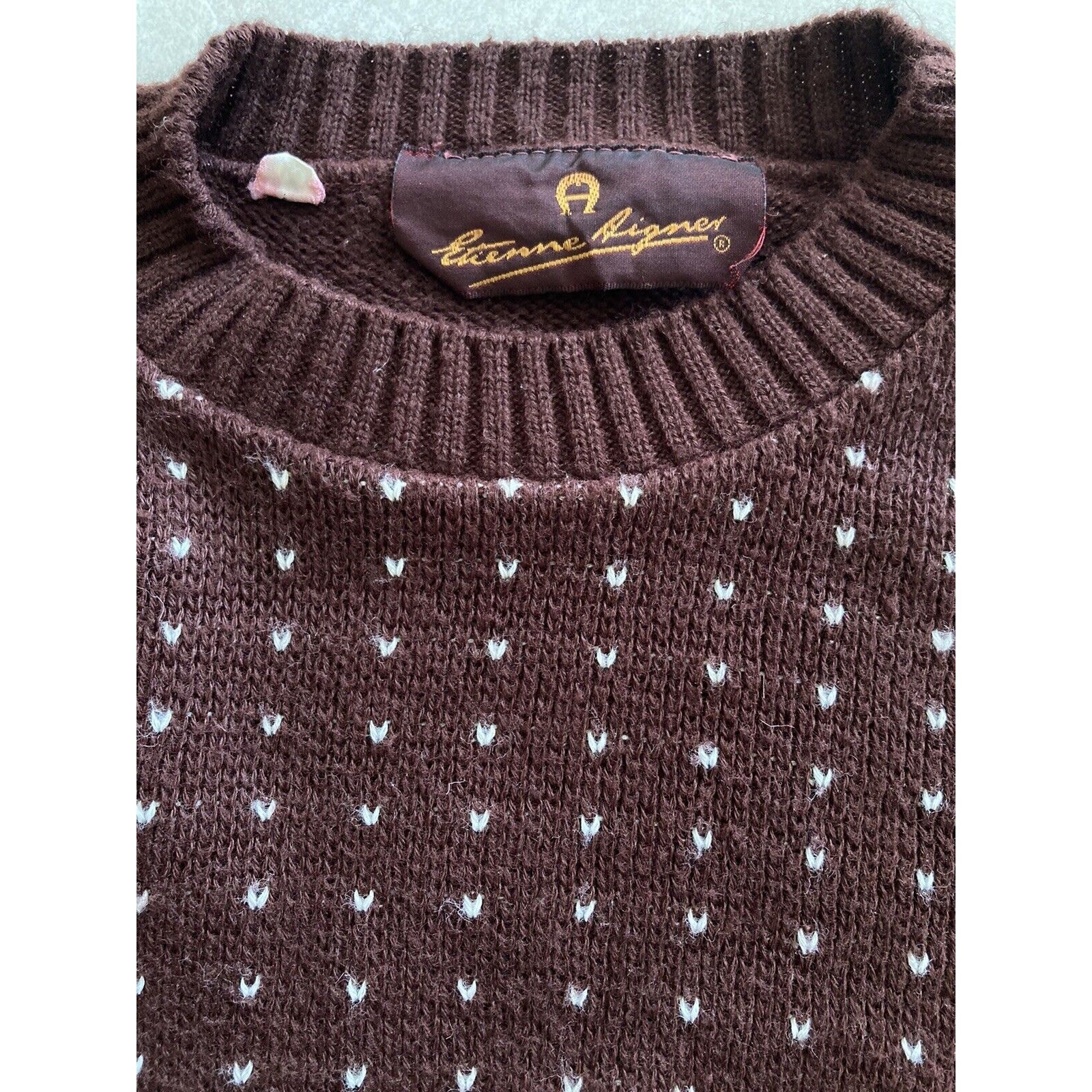 Vintage 70s 80s Etienne Aiger Brown Logo Boho Preppy Cottage Sweater Size S