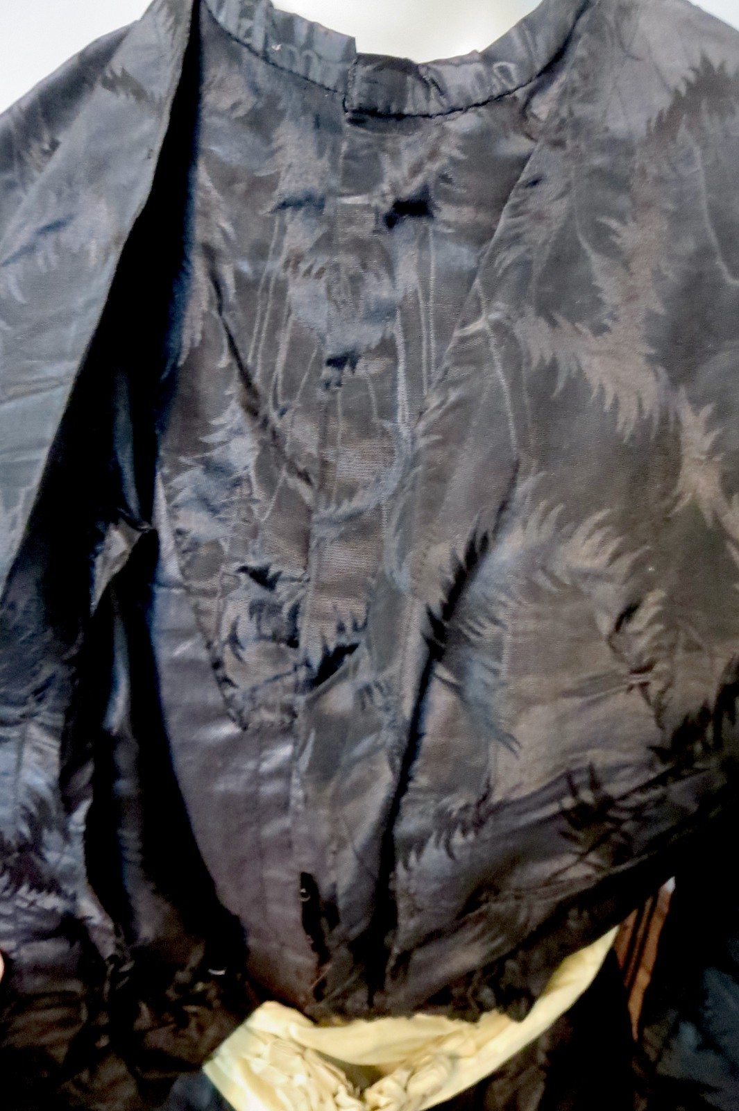 Antique 1860s Black Silk Mourning Dress Fern Pattern Fringe & Ruffle 2 Piece