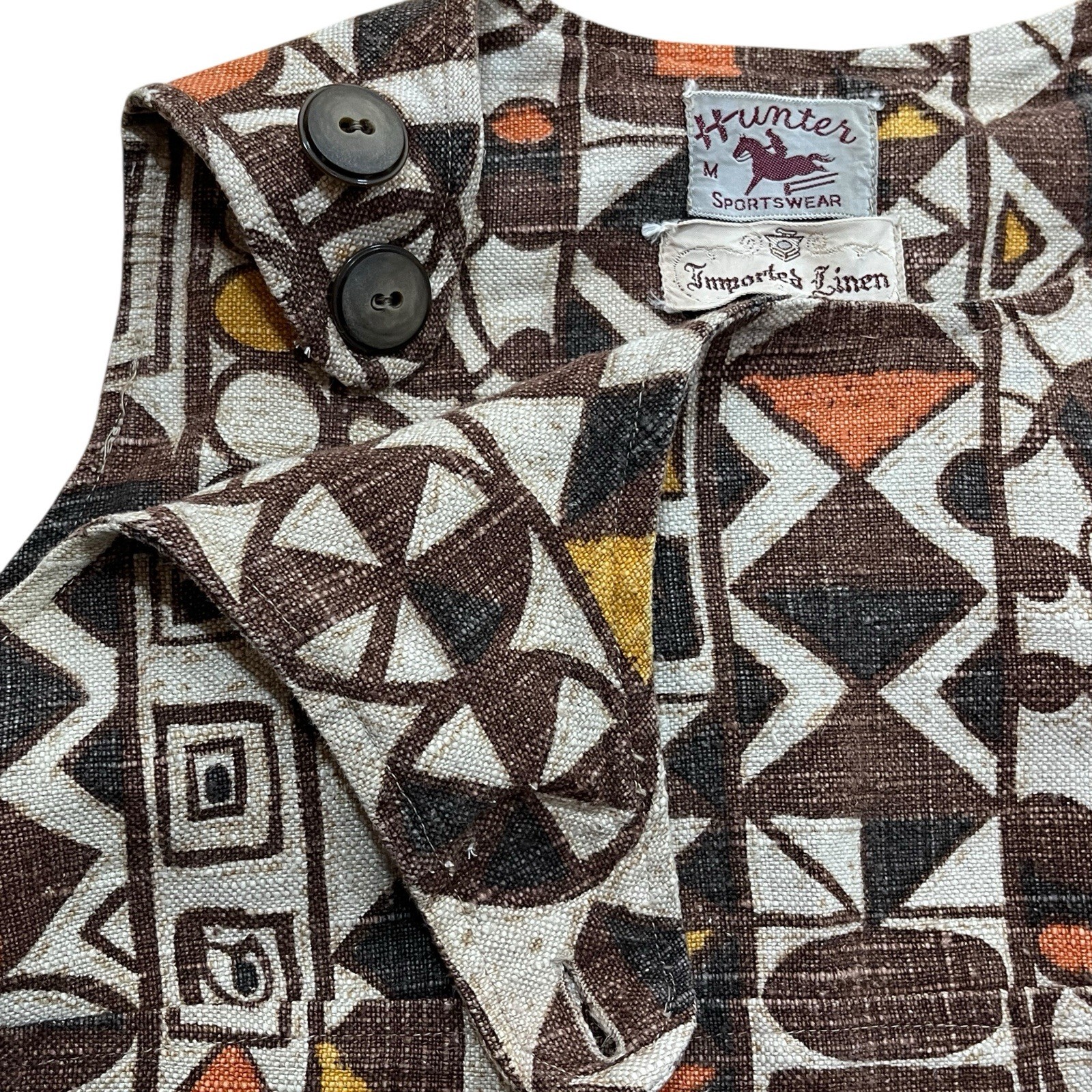 Vintage 1970s Hunter Sportswear Heavyweight Linen Shift Dress Sz M Mod Geometric