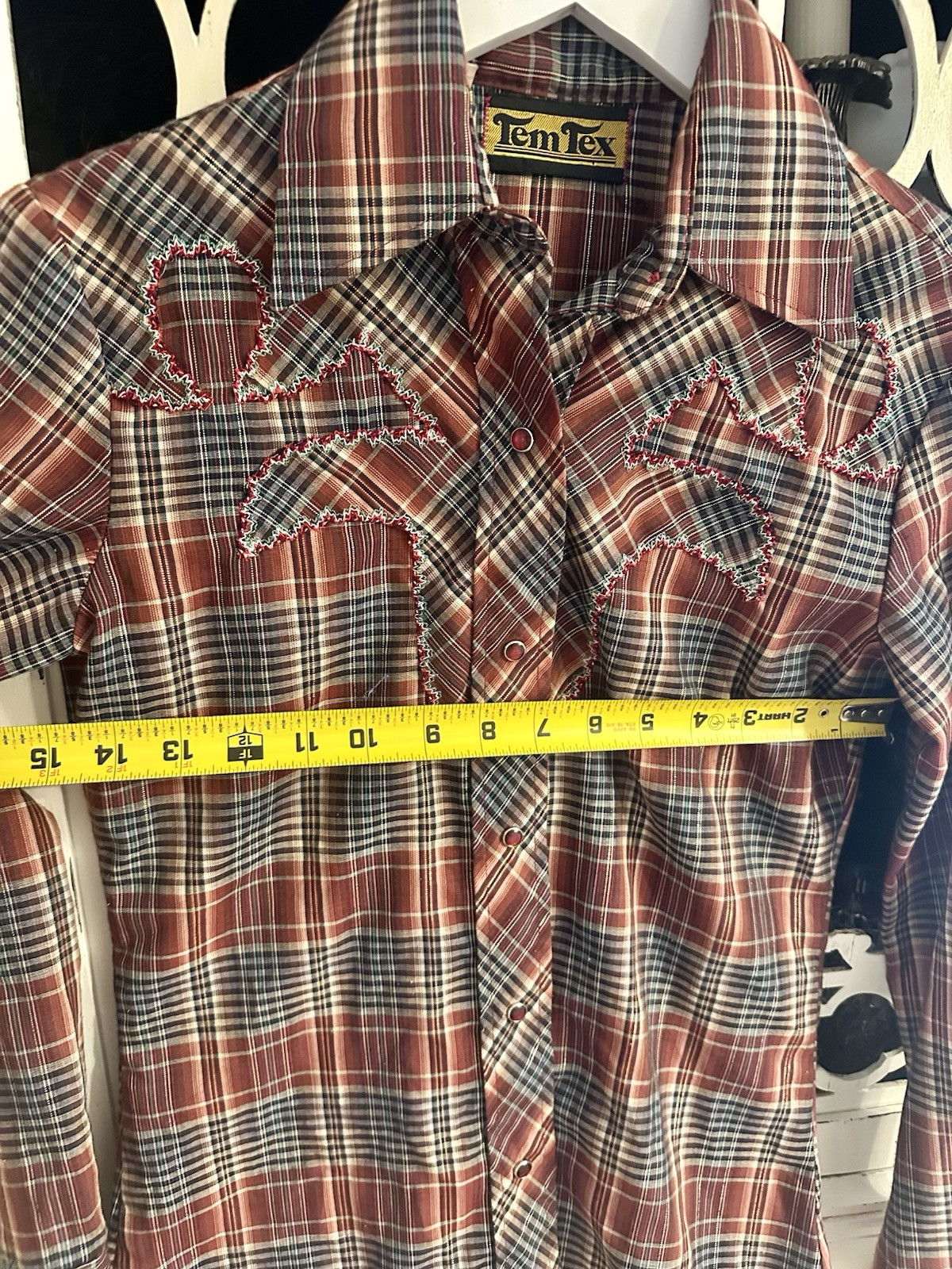 Tem Tex Vintage Western Shirt Embroidered Plaid Button Down Rodeo Cowboy Size 8
