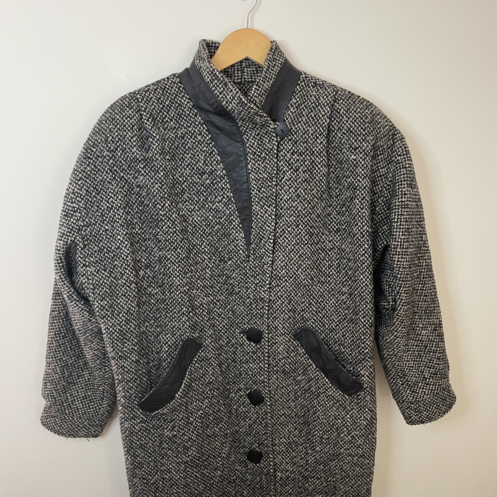 Vtg 80s DONNYBROOK Black White Tweed Long Coat w/Leather Accents Women Sz 12