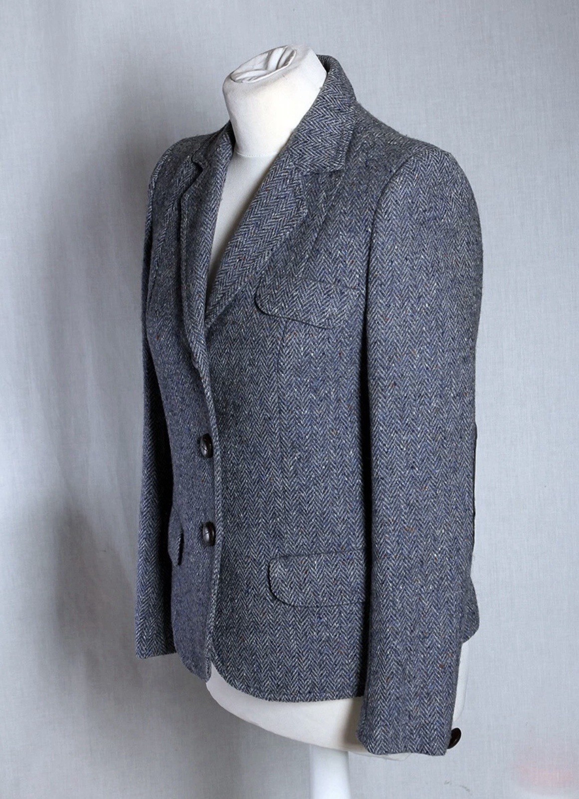 Donegal Tweed Jacket Blazer Wool Vintage Blue Grey Hourihan Dublin Leather