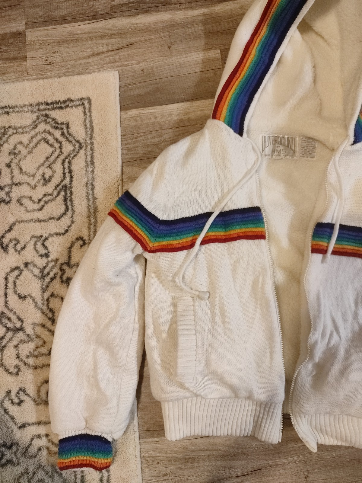 VTG 80s Outerbound Fair Isle Knit Sherpa Lined Hood Pockets Bomber Jacket Sz M