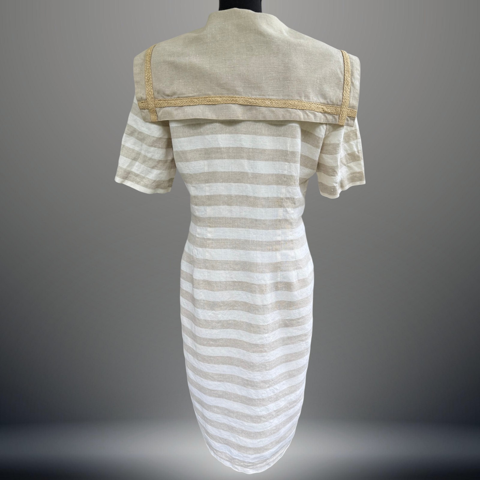 Vintage Linen Sailor Dress Women’s 14 Nautical Stripe Double Breasted USA Made