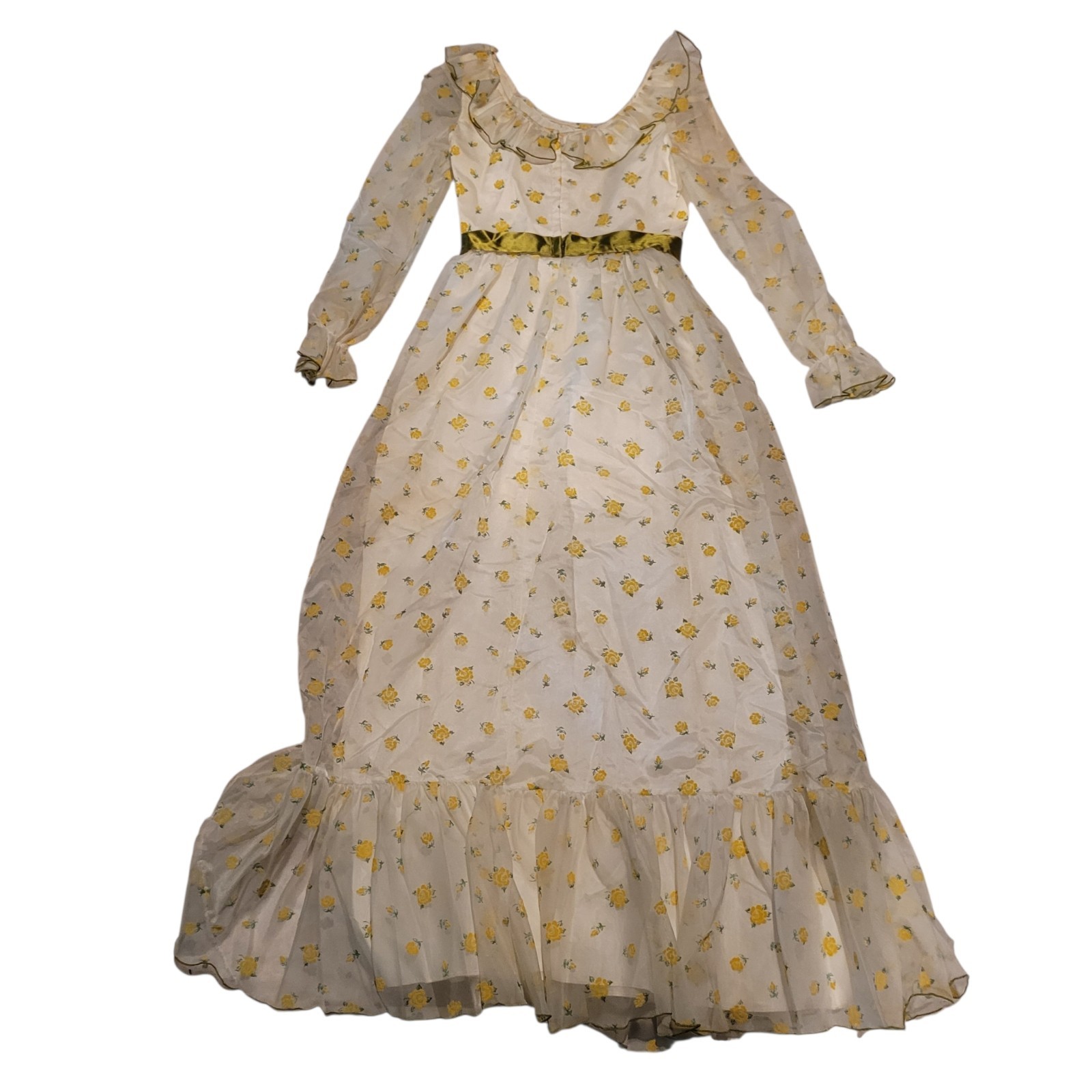 VTG white Yellow Flower Green Ruffle Boho Prairie Maxi Long Sleeve Dress 9 Prop
