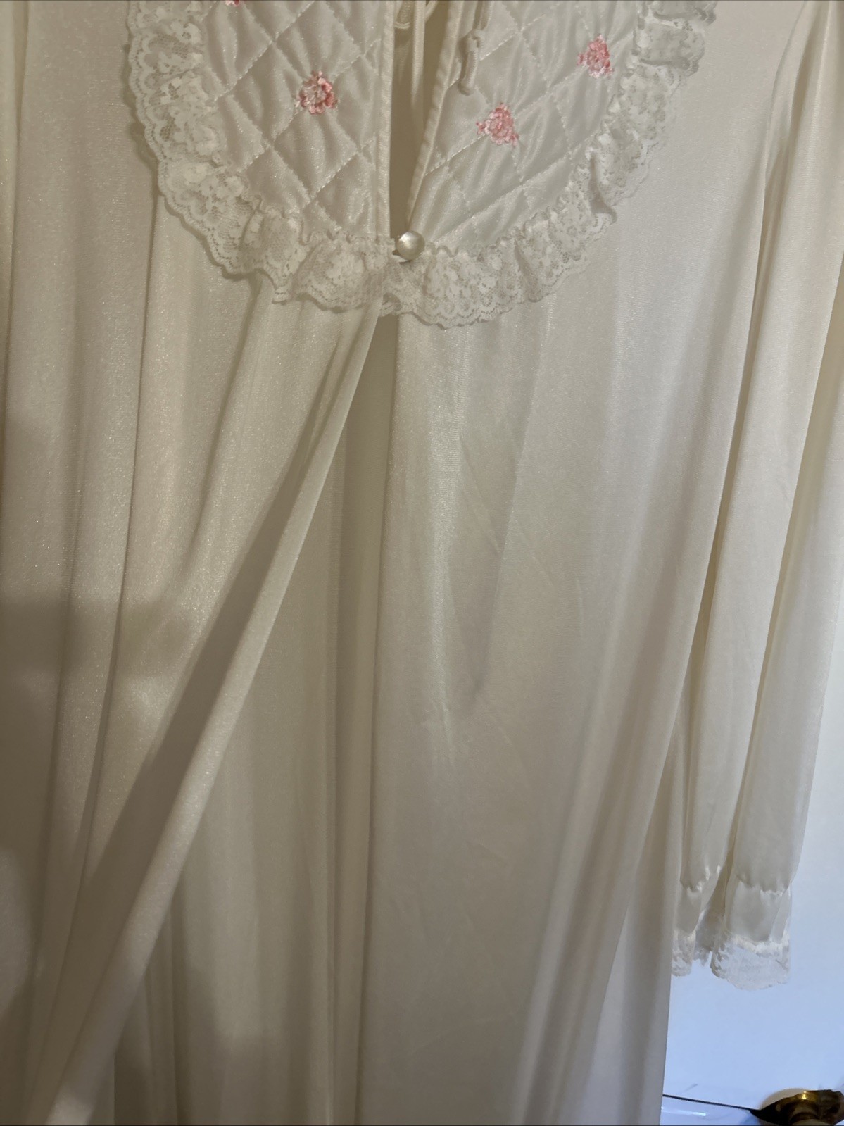 ELEGANT! JC PENNEY VINTAGE IVORY CALF LENGTH SOFT NYLON ROBE PEIGNOIR SZ 12-14 M