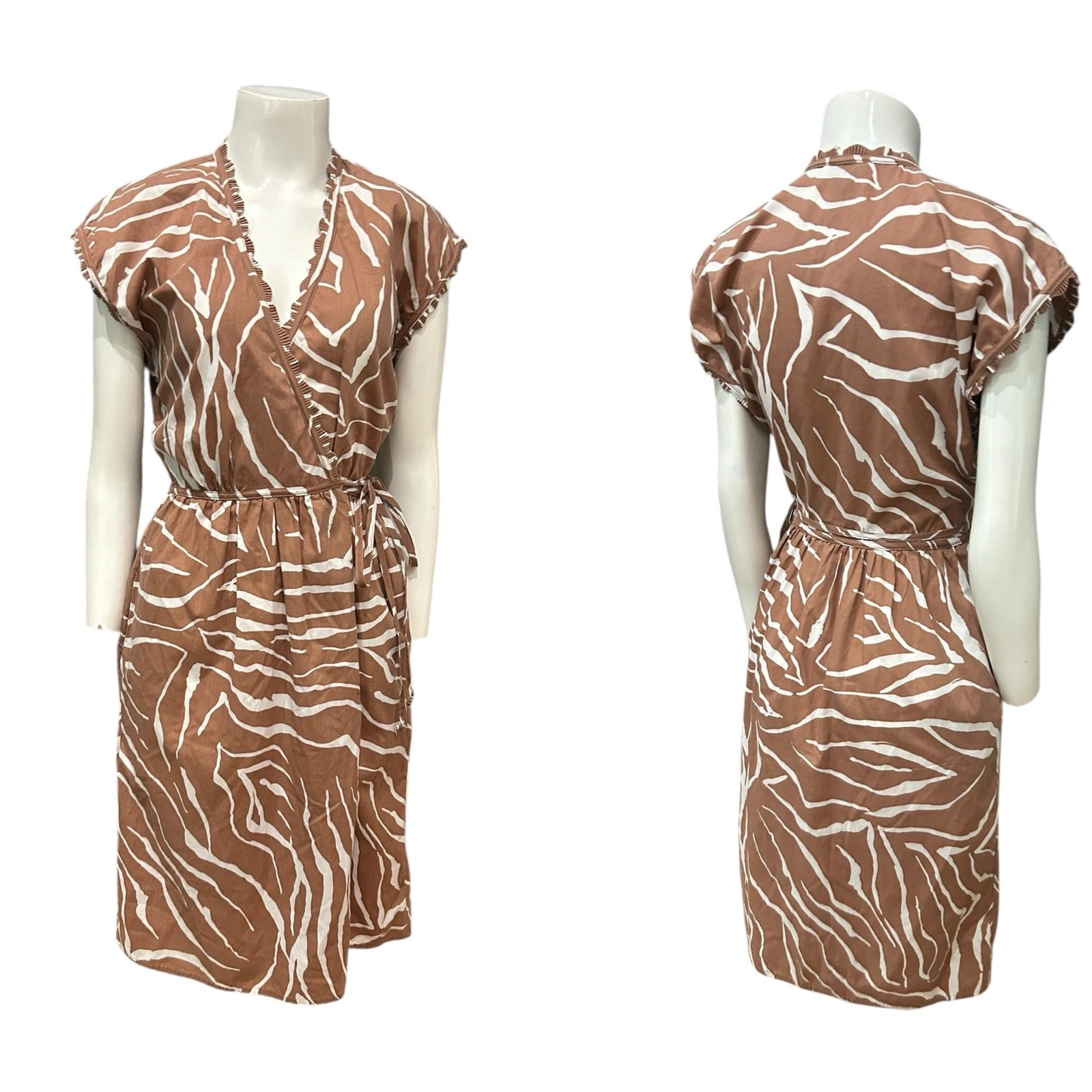 Vintage 1970s Bill Tice Zebra Print Wrap Dress Brown White XS Tie Waist ^