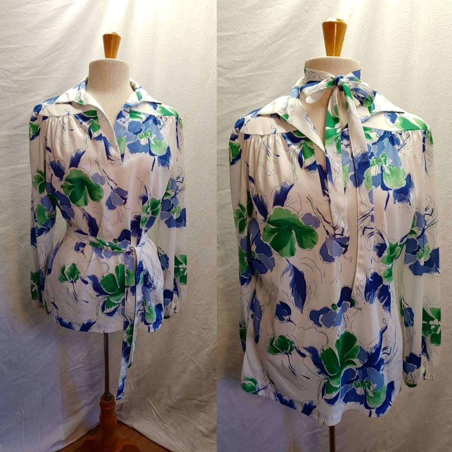 Vintage 1970s White, Blue, Green Floral Blouse with Large Collar & Matching Sash