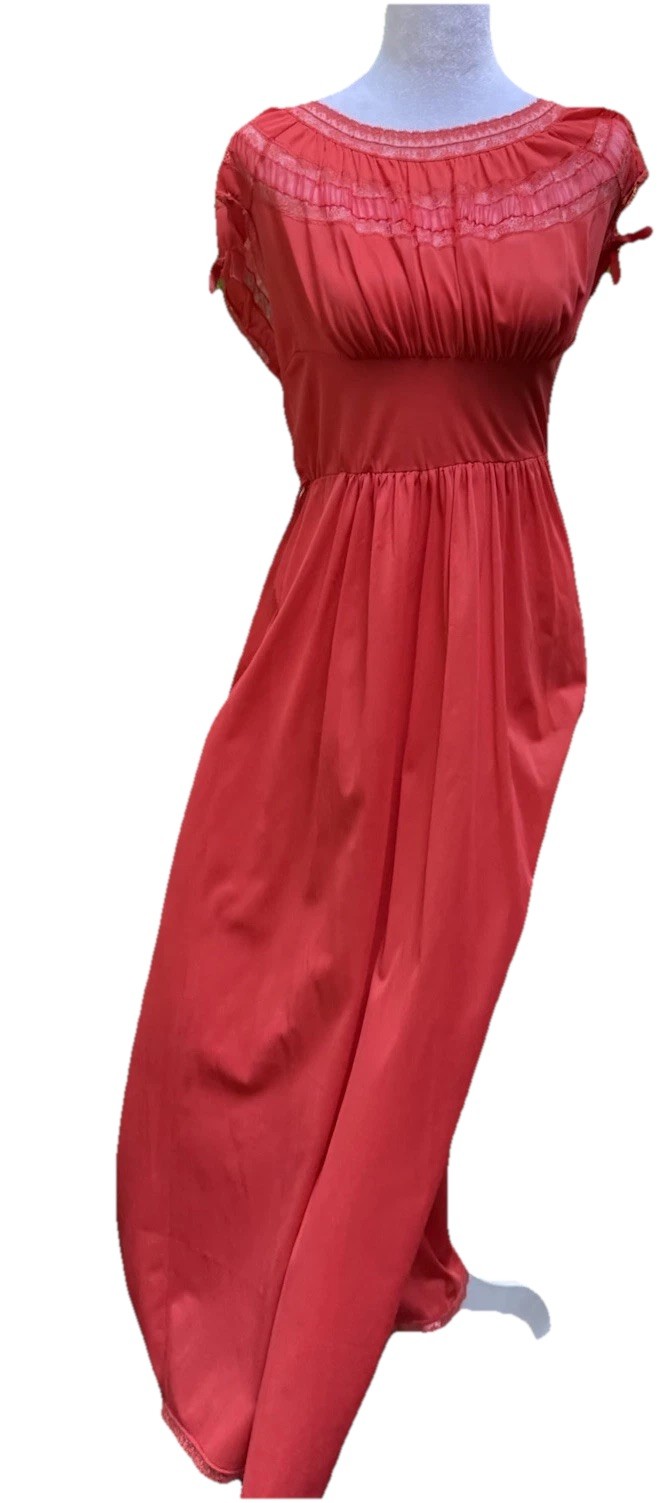 Vtg 60s Nightgown Chiffon Pleat Maxi Empire Goddess Siren Red Lace Nylon M 36 38