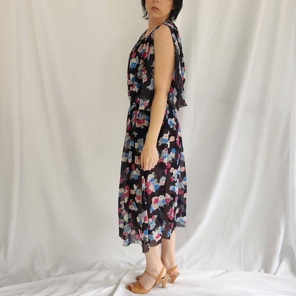 70s/80s Sheer Black, Pink, and Blue Floral Dress
