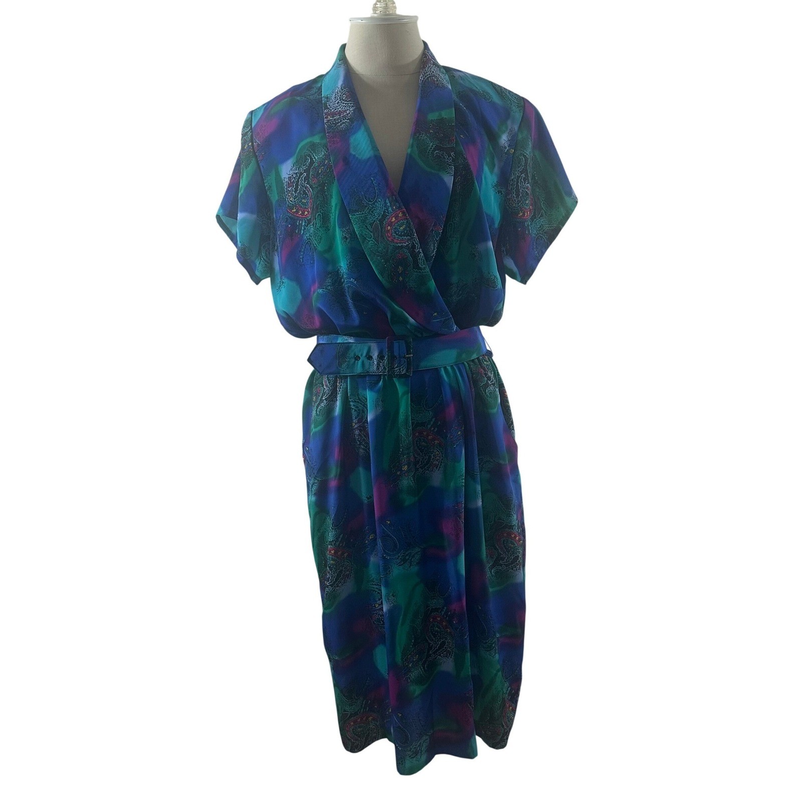 Pellini by Von Bramlett Vintage 80s Abstract Midi Dress Blue Teal Belt Size 16
