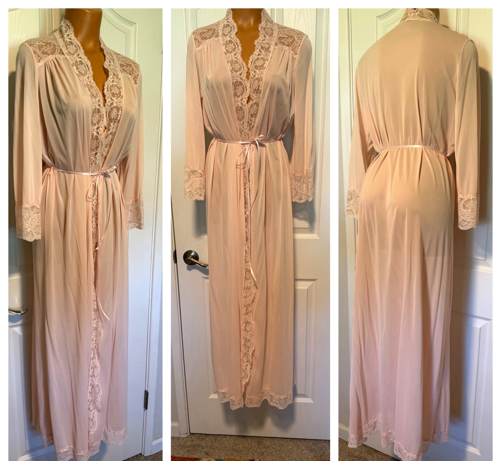 VTG 70’s OLGA LINGERIE #9702 PINK W/ WIDE LACE TRIM LONG ROBE ROBE SZ M