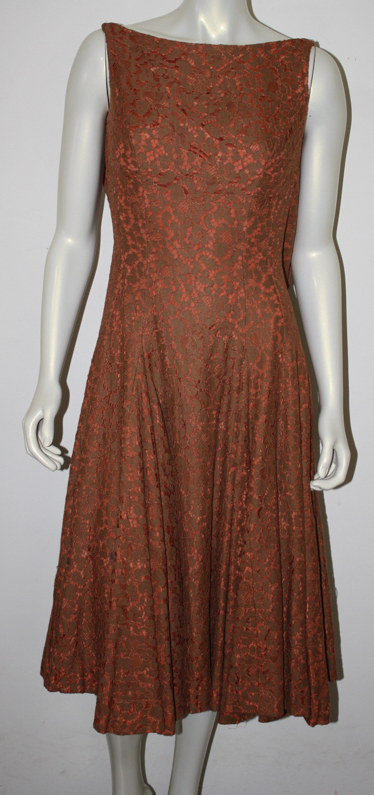 VINTAGE Orange Brown Lace Long Full Circle Dress XS S 0 2 4