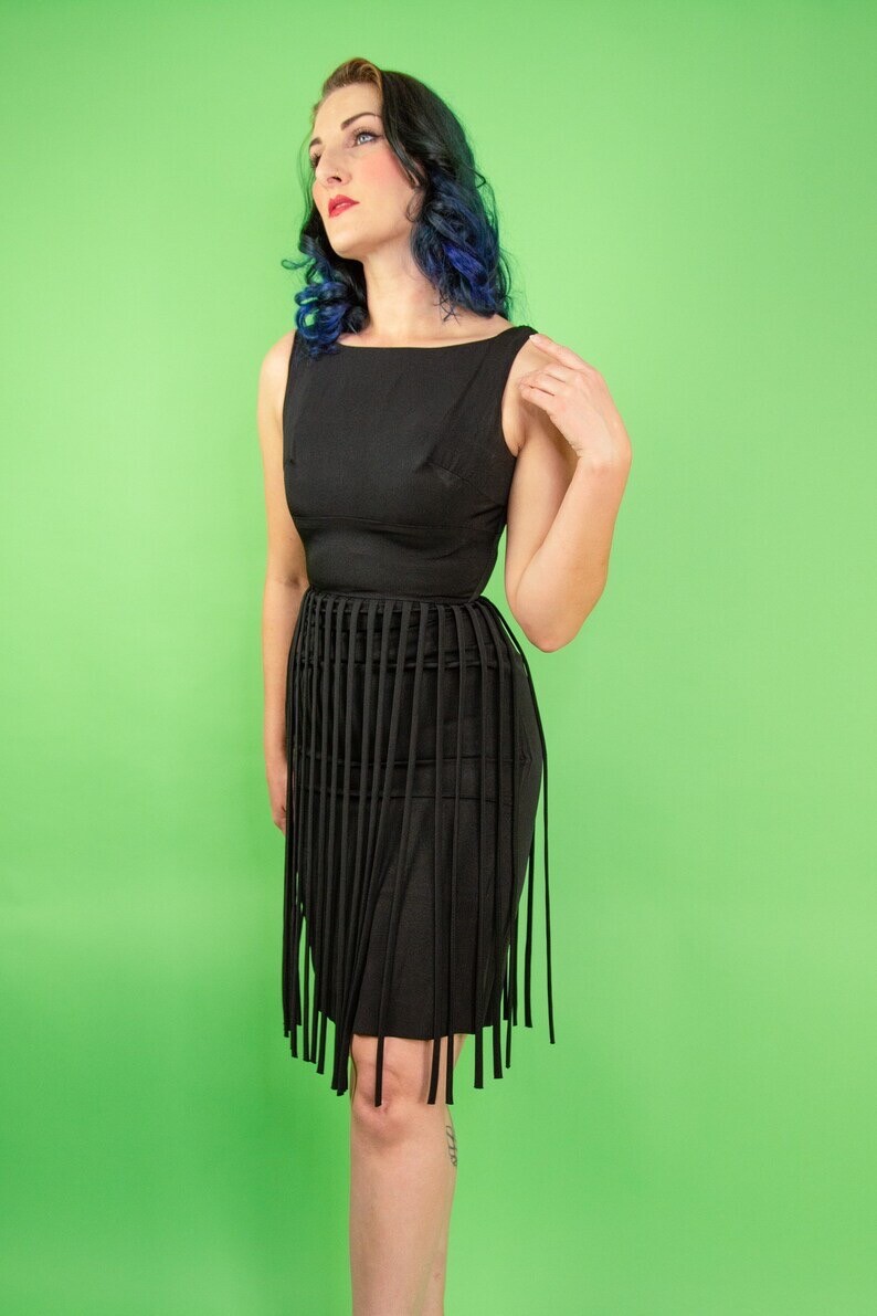 Vintage 1950s 60s Pinup Cocktail Dress Fringe Midi Pencil XS S 2 4