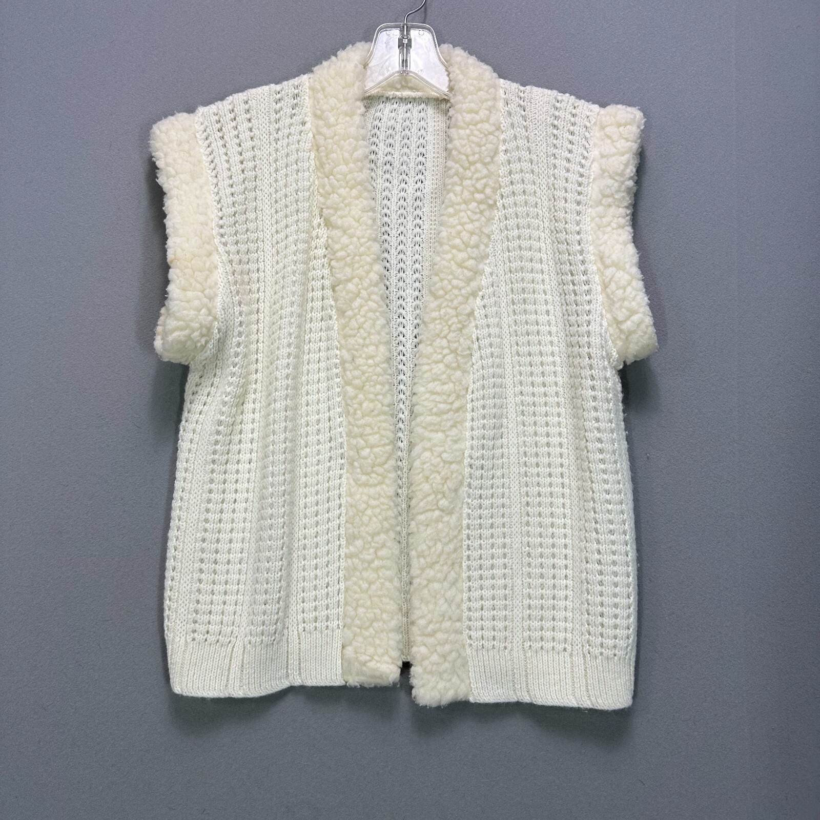 Vintage Cottagecore Faux Sherpa Trim Knit Cardigan Vest Womens M Ivory cream