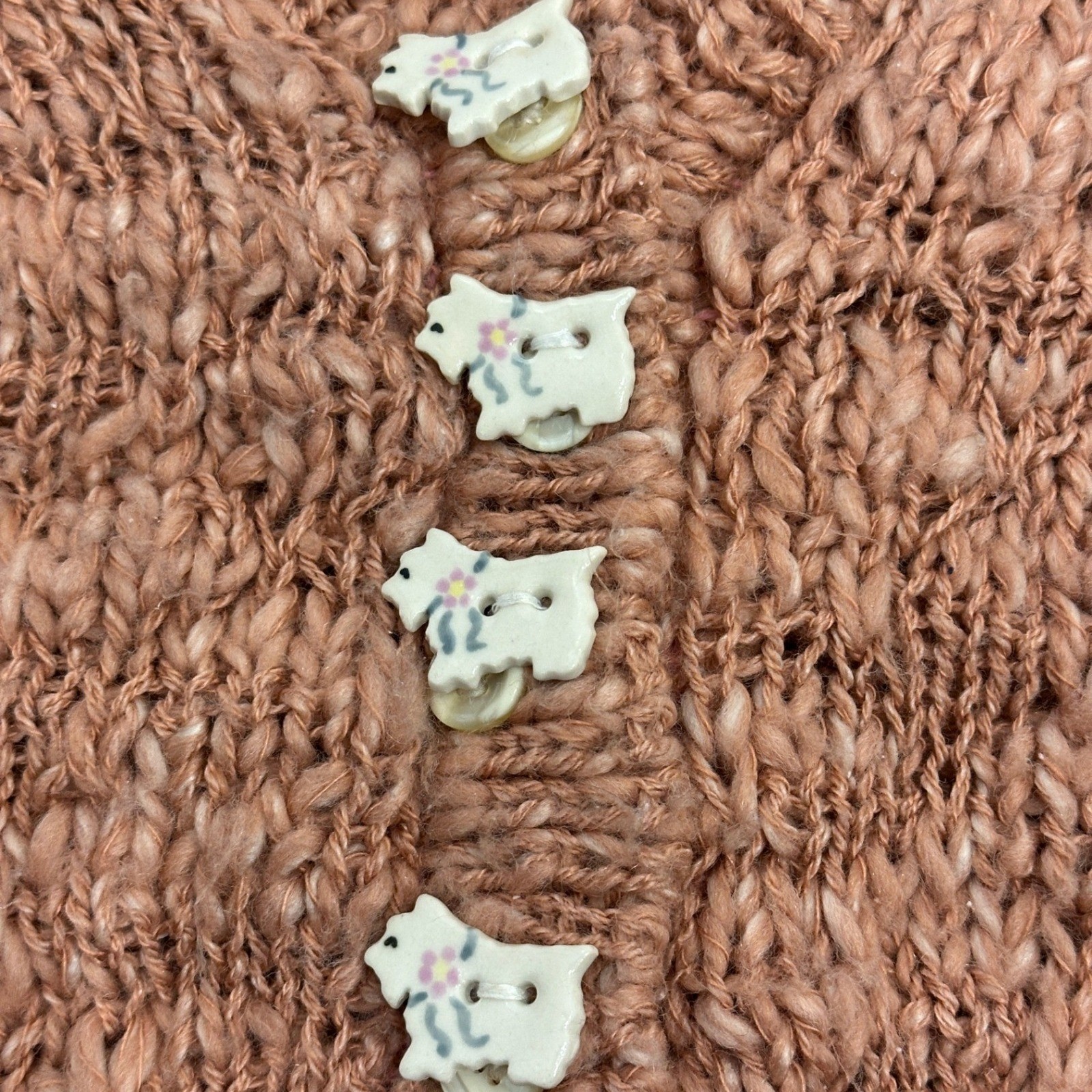 VTG 90s Liz Claiborne Coral Pink Chunky Knit Cardigan SCOTTIE DOG Buttons Small