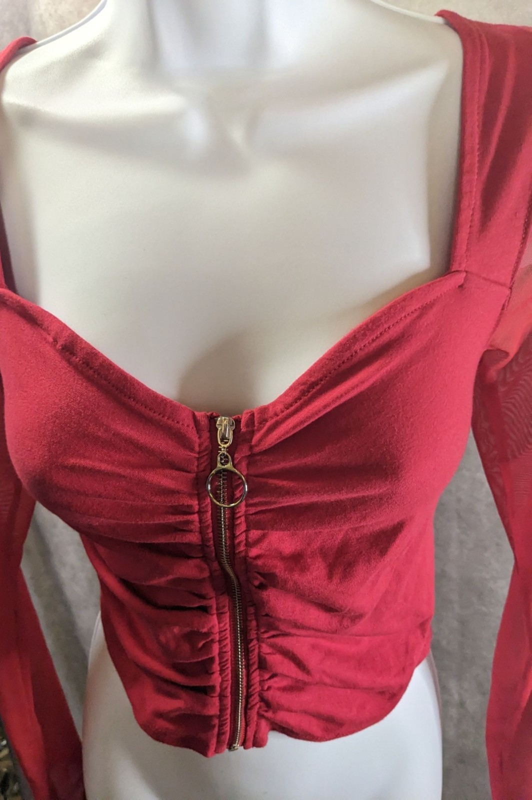 Vintage 90s Ambiance Red Long Sleeve Top With Mesh Sleeves & Gold Zip Front