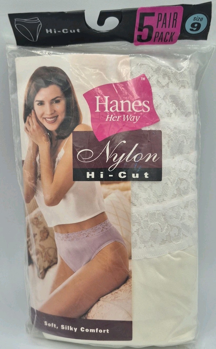 NEW VTG 99′ 5-Pack White Hanes Her Way 100% Nylon HI-CUT Lacey Top Panties Sz 9