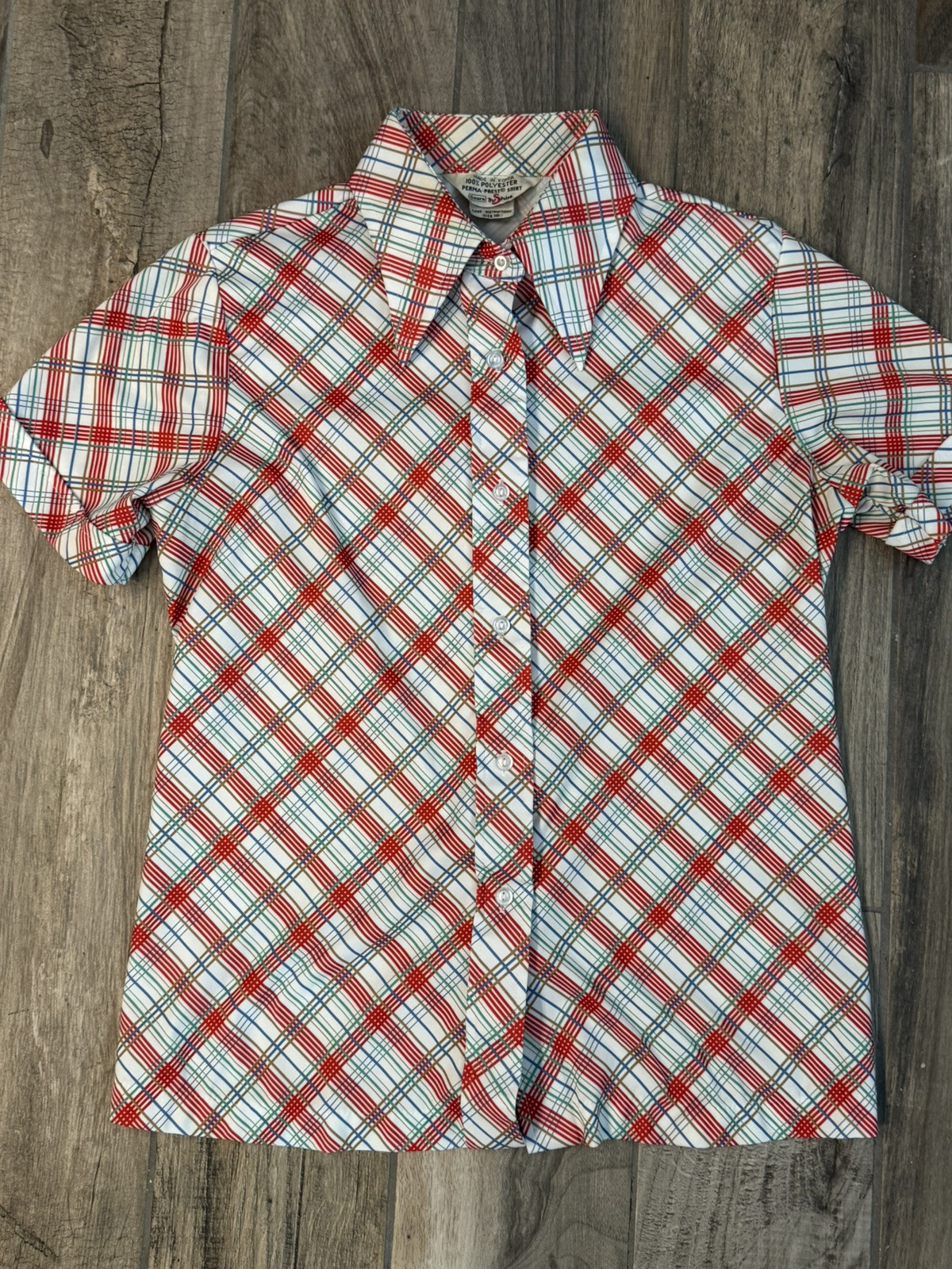 Rare Vintage 1960s70s Sears Perma Prest Shirt-Red, White, Blue Plaid W Med 16