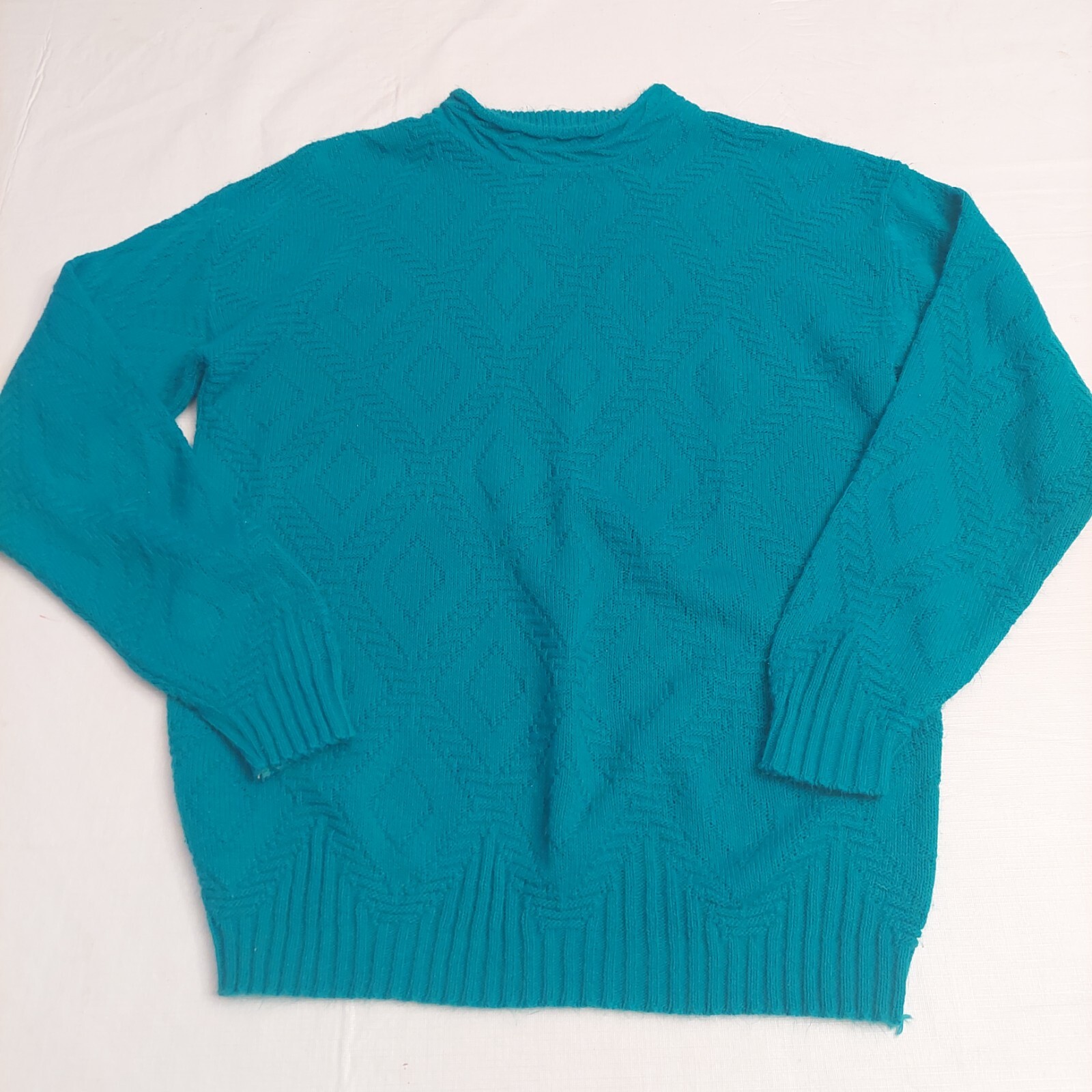 Adele Knitwear Vintage 80’s Teal Diamond Textured Knit Crewneck Sweater Size L