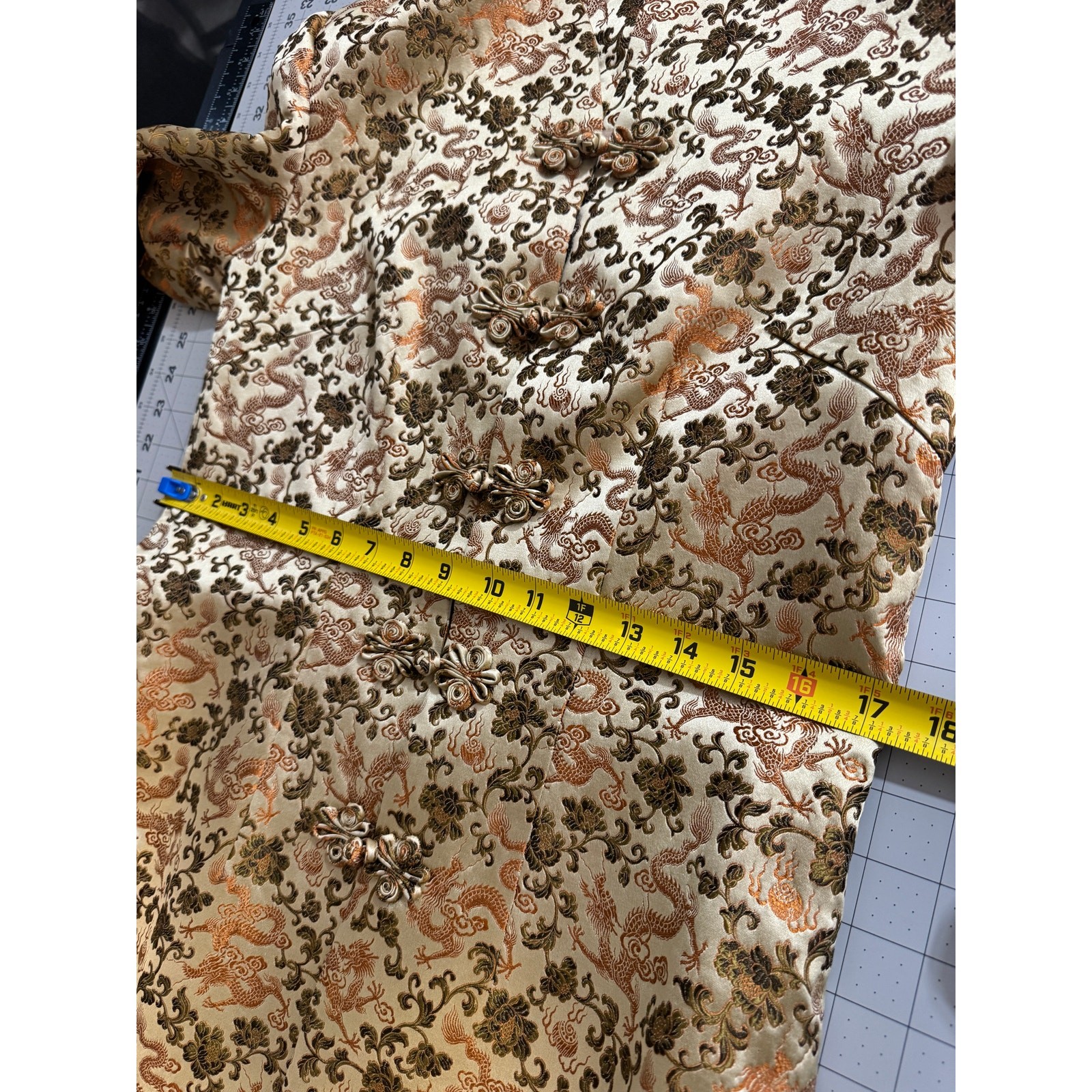 Vintage Gold Dragon Brocade Mandarin Collar Frog Closure Satin Tang Jacket Coat