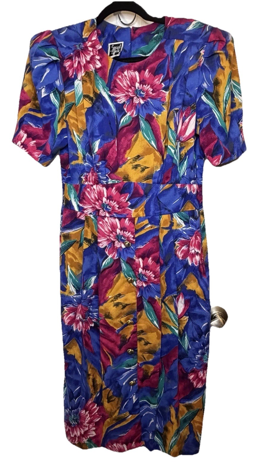 VTG Special Effects Floral Midi Dress 90s Rayon Size 8M Shoulder Pads Zip Back