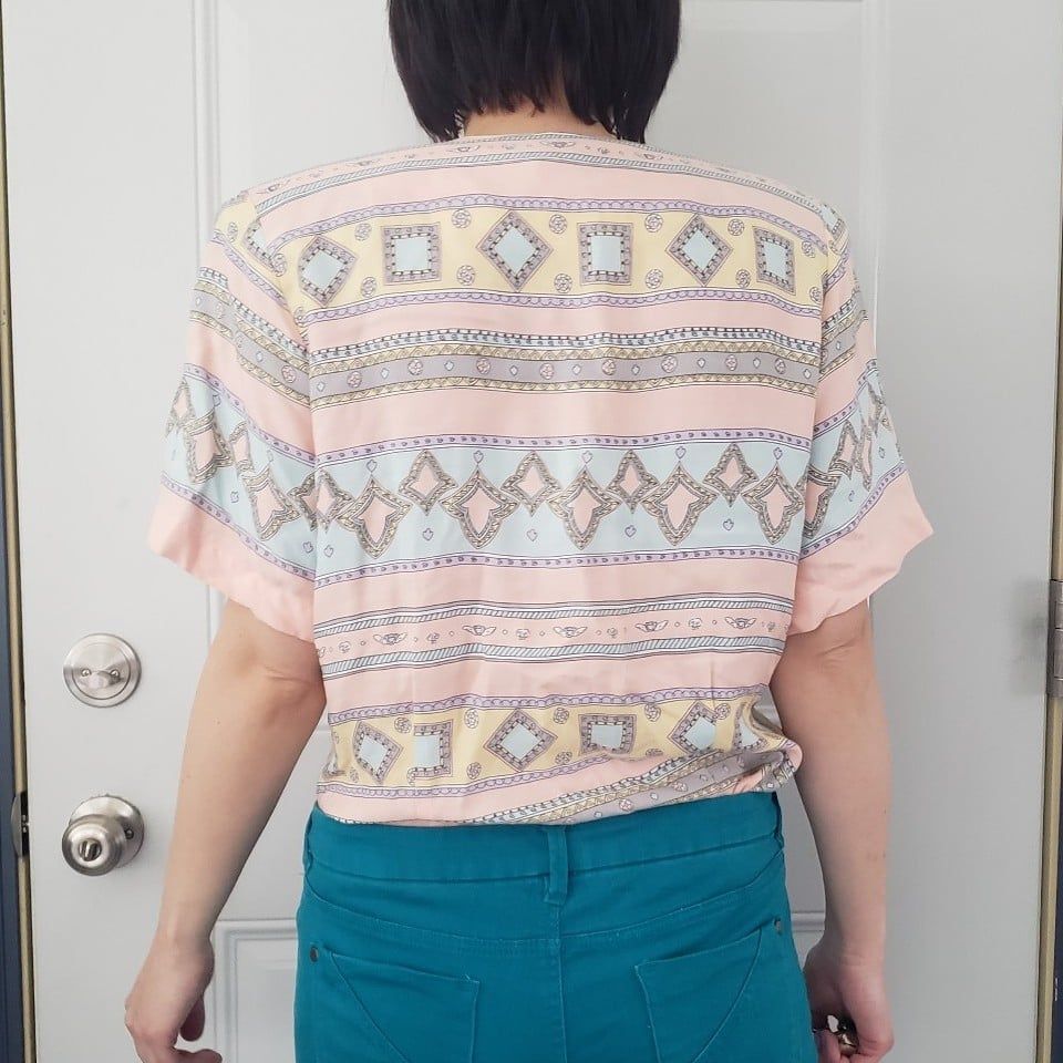 80s Pink, Blue and Yellow Rayon Button Down Blouse