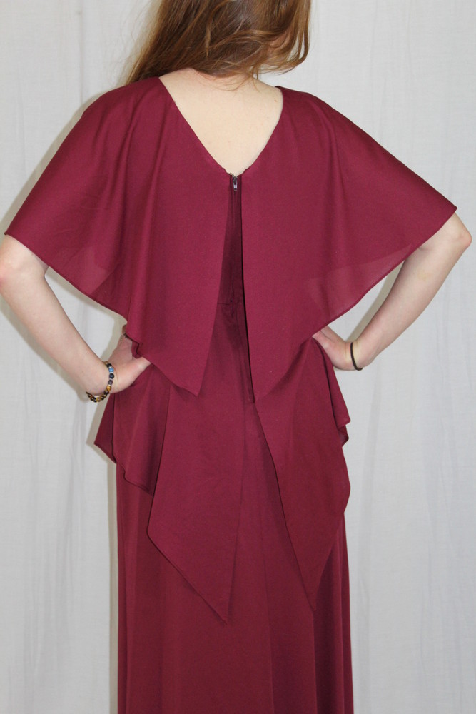 Vintage 70s Burgundy Wine Floral Cape TIERED Retro Maxi Cocktail Party Dress M