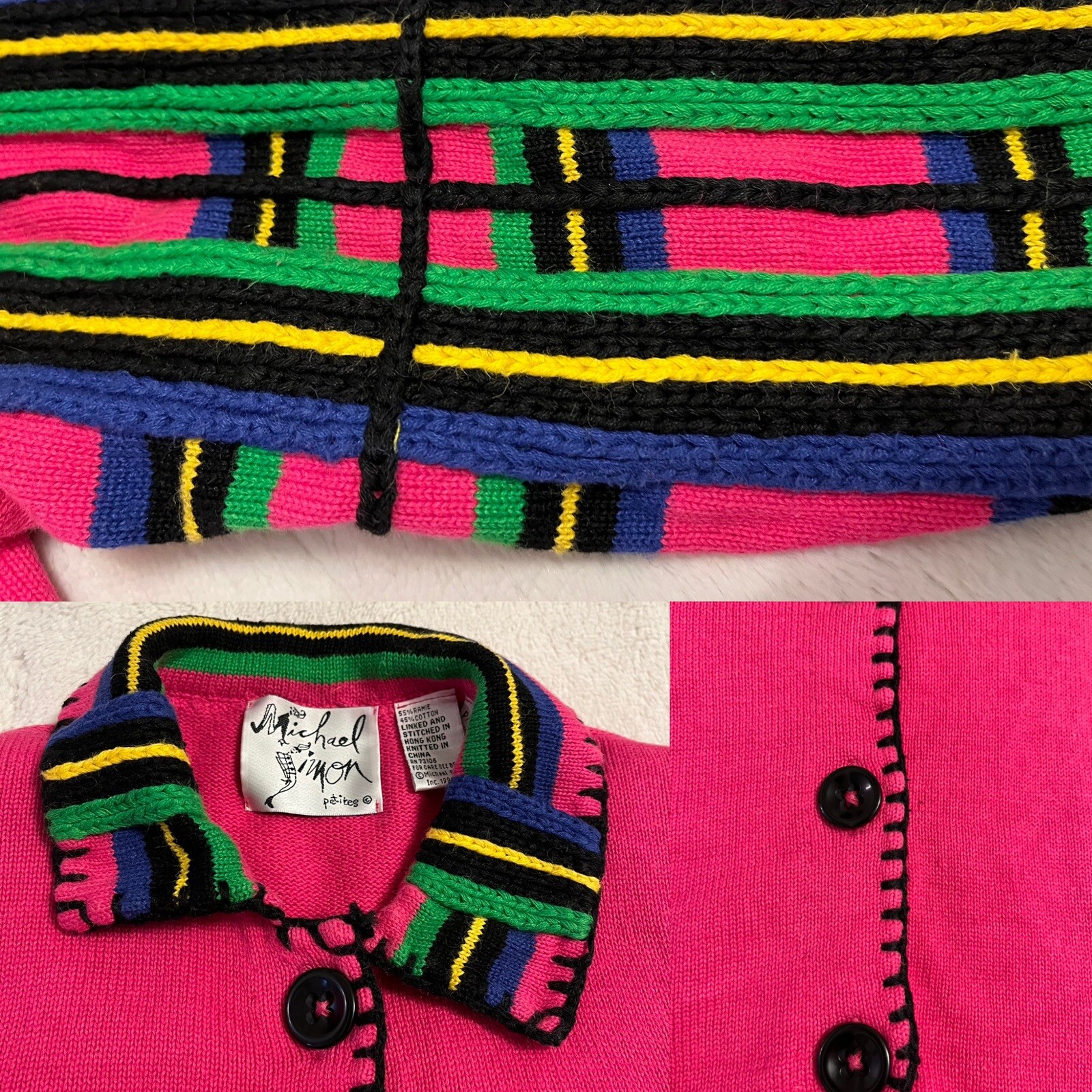 Vtg 90’s Michael Simon Hot Pink Multi Button Up Cardigan Wm Med Petite Collared