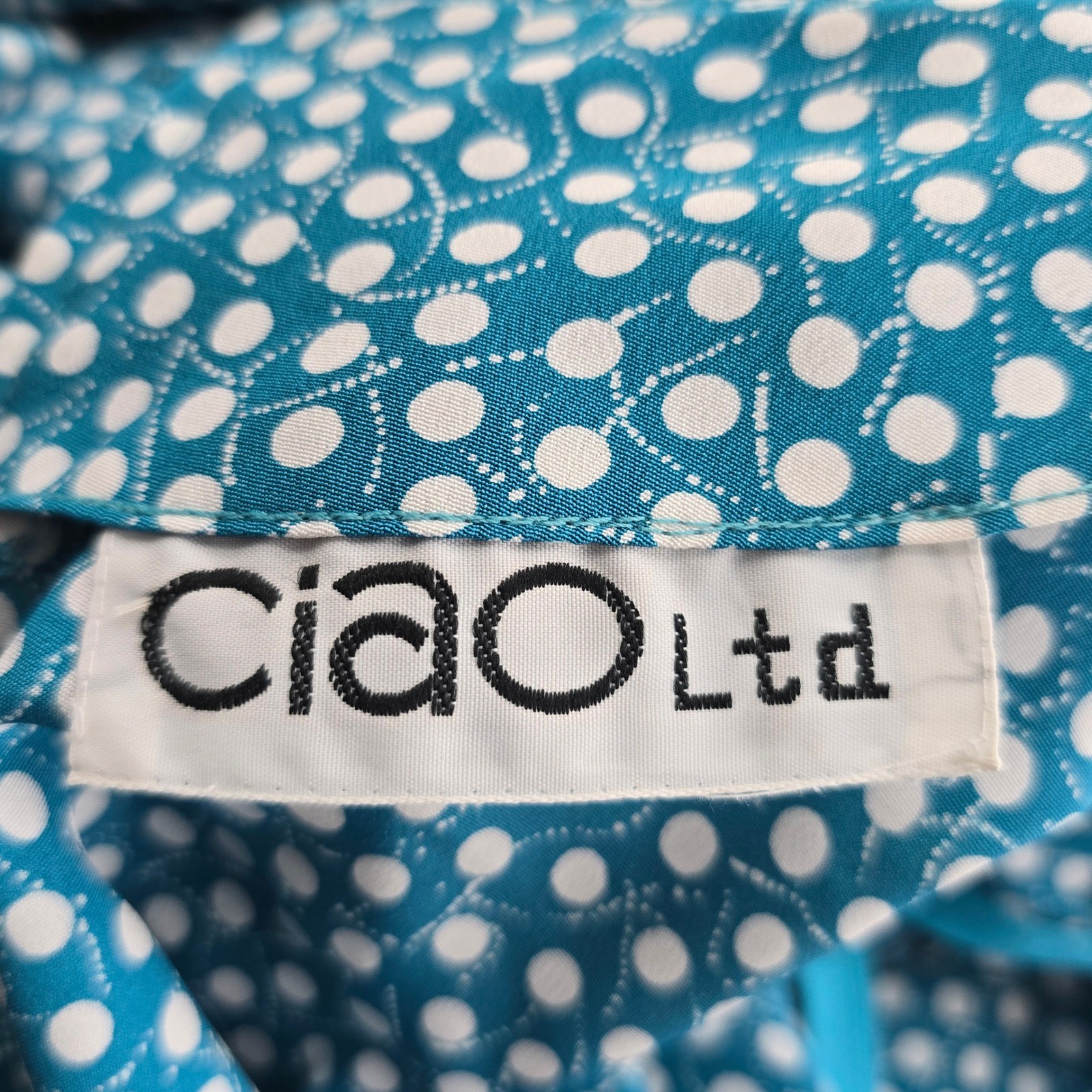 Ciao Ltd Vintage Teal Polka Dot Midi Dress Ruffle High Neck Short Sleeve Retro