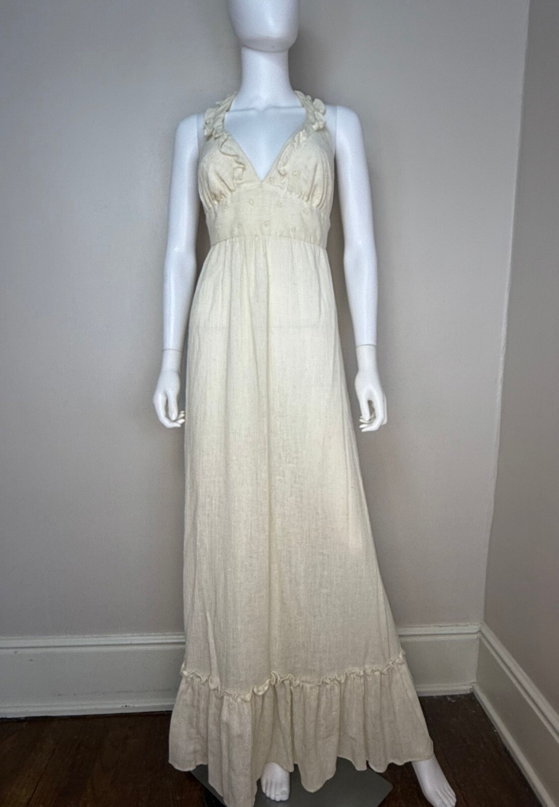 Vtg 1970s Cream Gauze Halter Maxi Dress Daffy California Casual Corner 70s Boho