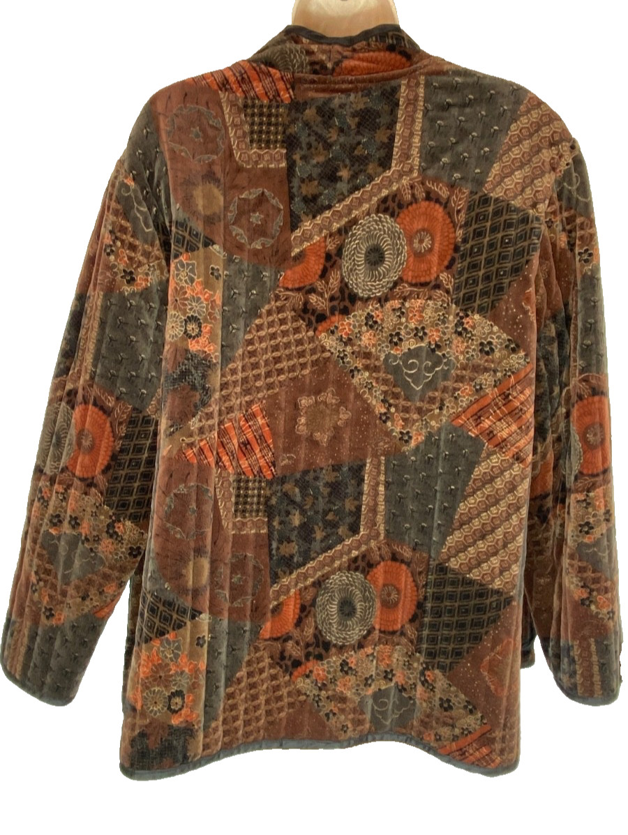 Vintage 1970s brown velveteen jacket open floral patterned cotton patchwork rust