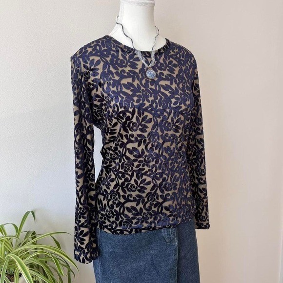 Vintage Ness Velvet Burnout Long Sleeve Womens sz m Blue renaissance witchcore