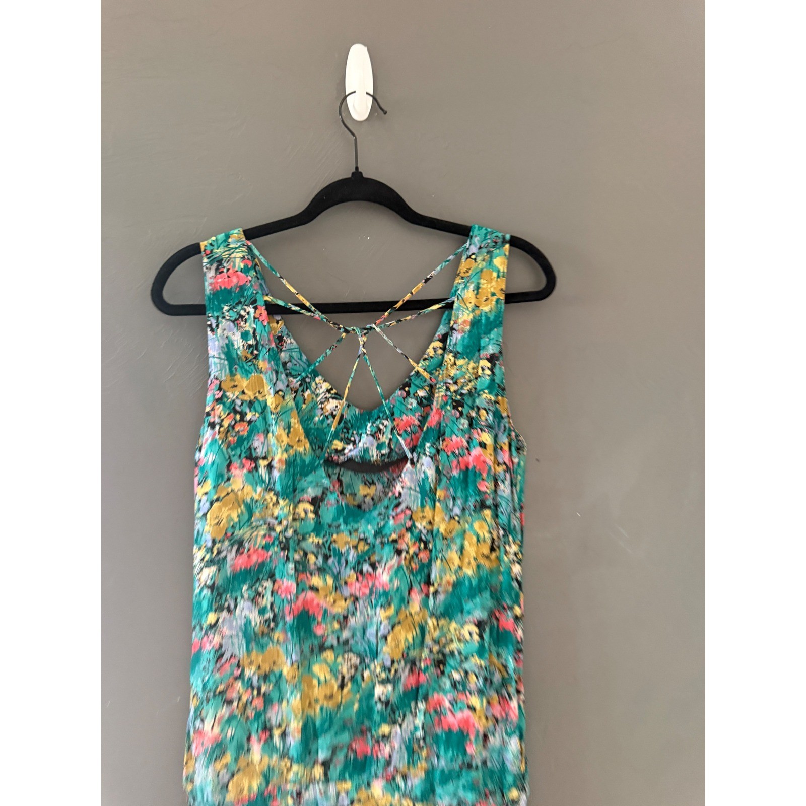 Michelle Stuart Vintage Floral Rayon Midi Dress Teal Multi Strappy Back 9/10
