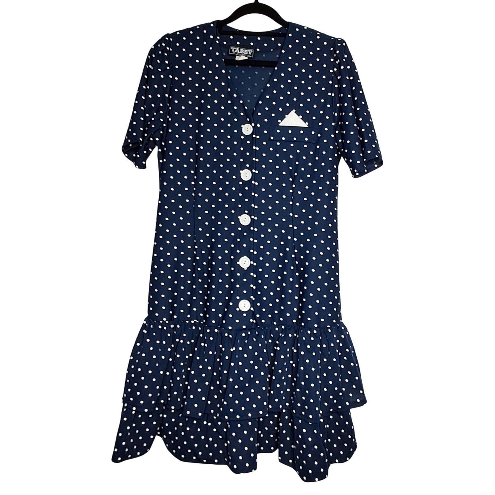 Vintage Polka Dot Mini Dress Womens Size 10 Navy Blue Ruffle Tabby of California