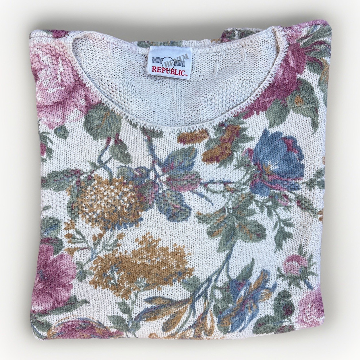 VTG 90s Denim Republic Floral Cottagecore Tapestry Knit Sweater – Large