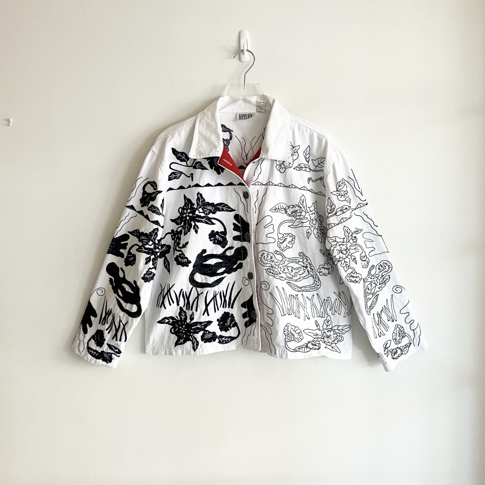 VTG Chicos Design Embroidered Jean Jacket Sz 3 / XL 16 White Denim Black Y2K