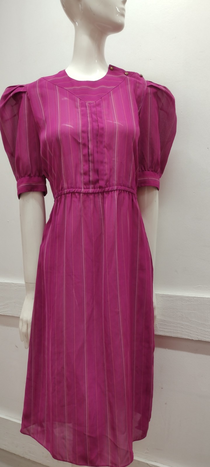 70s 80s Dress Pink Fuchsia Stripes Sheer Short Puffy Sleeve 40s 3/4 Sleeves M